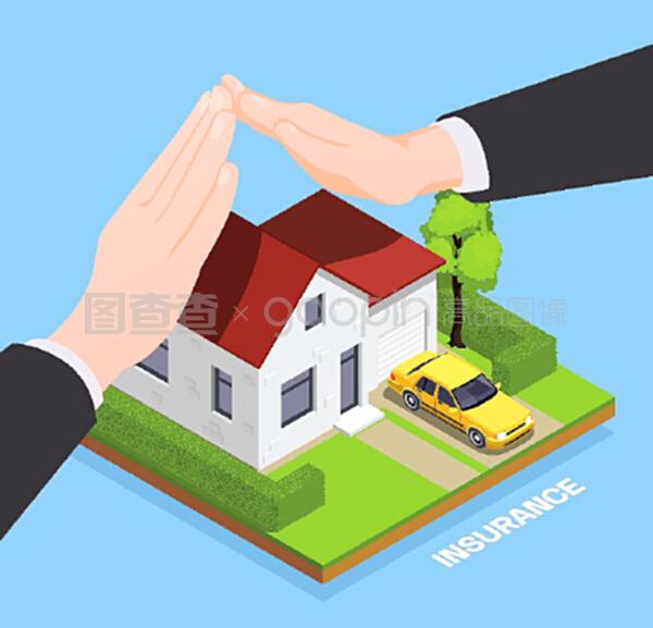 保险等距组合与私人住宅形象代理手保护财产可编辑文本矢量插图